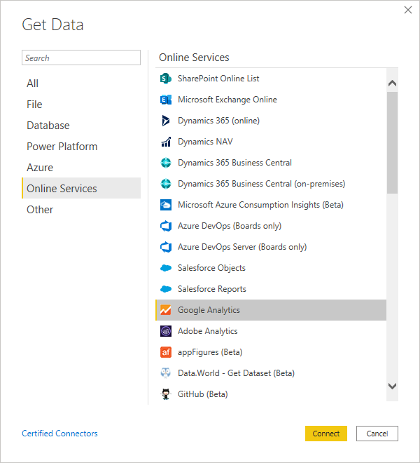 connecting power bi to google analytics via get data option